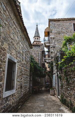 May, 30th, 2016 - Budva, Montenegro. Old Town Citadela With Cobblestone Street, Stone Houses With Sh