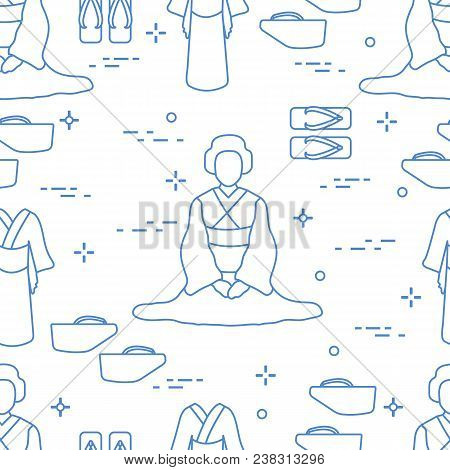 Seamless Pattern With Asian Woman, Traditional Japanese Clothing, Shoes. Travel And Leisure.
