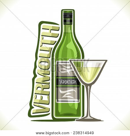 Vector Illustration Of Alcohol Drink Dry Vermouth, Poster With Green Bottle Of Premium Italian Herba