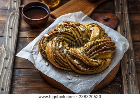 Babka Brioche Wreath With Pesto And Parmesan.