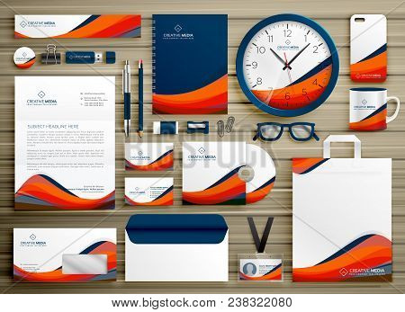 Corporate Identity Business Template Design Set With Orange Blue Wavy Shape