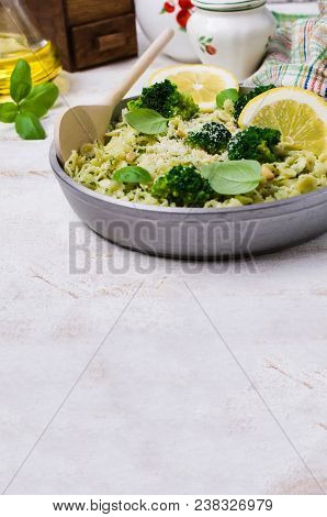 Traditional Pasta Tripoline With Pesto And Broccoli In A Plate On The Table. Selective Focus.