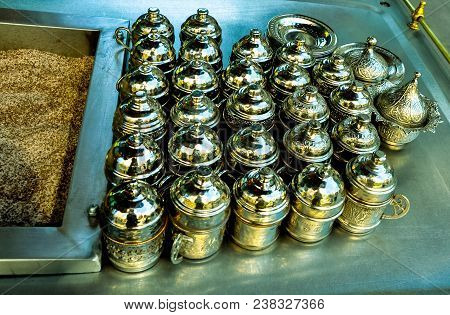Equipment On The Pot Ready For Preparing Turkish Coffee Made On The Sand