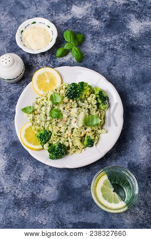 Traditional Pasta Tripoline With Pesto And Broccoli In A Plate On The Table. Selective Focus.