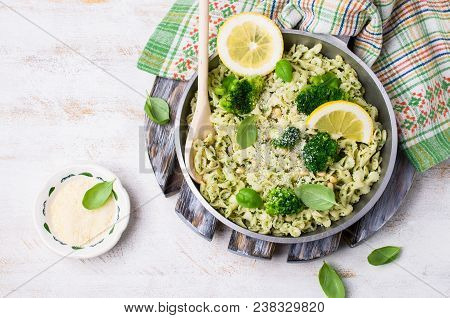 Traditional Pasta Tripoline With Pesto And Broccoli In A Plate On The Table. Selective Focus.