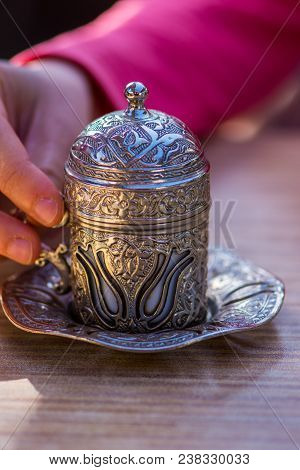 Beautiful Silver Design Cup For The Turkish Coffee On The Table