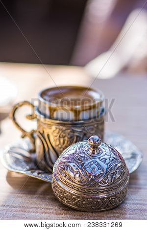 Beautiful Silver Design Cup For The Turkish Coffee On The Table