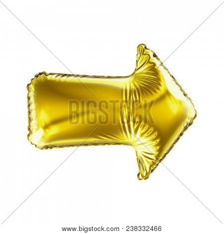 Golden arrow icon made of inflatable balloon isolated on white background. 3d rendering