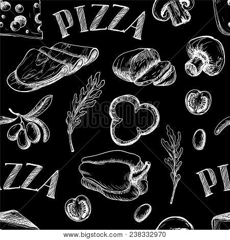 Seamless Pattern With Ingredients For Pizza Such As Olives, Tomato, Mushrooms, Mozzarella, Arugula, 