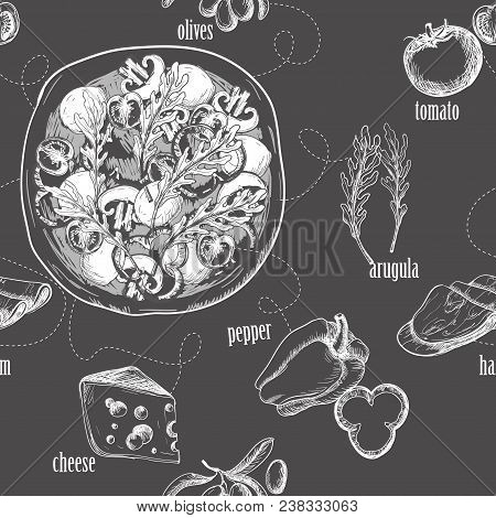 Seamless Pattern With Ingredients For Pizza Such As Mozzarella, Arugula, Ham, Cheese, Pepper, Drawn 