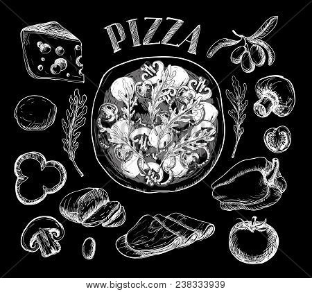 Ingredients For Pizza Such As Olives, Tomato, Mushrooms, Mozzarella, Arugula, Ham, Cheese, Pepper, D