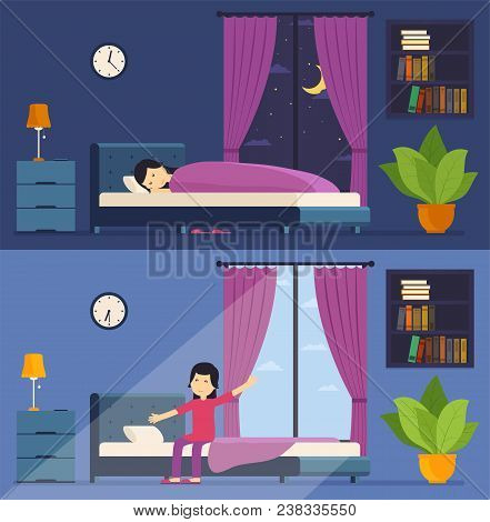 Woman Sleeps In Bed At Night And Wakes Up In The Morning. Morning Stretching In Bed. Room With A Win