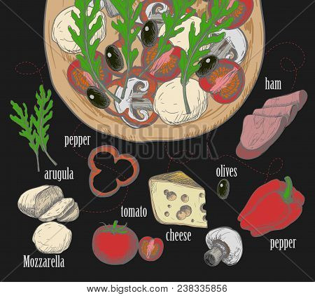 Ingredients For Pizza Such As Olives, Tomato, Mushrooms,  Arugula, Ham, Cheese, Pepper, Drawn In A C