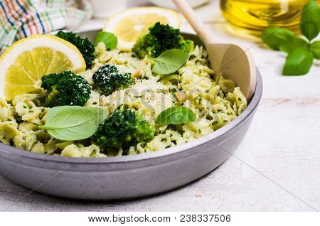 Traditional Pasta Tripoline With Pesto And Broccoli In A Plate On The Table. Selective Focus.