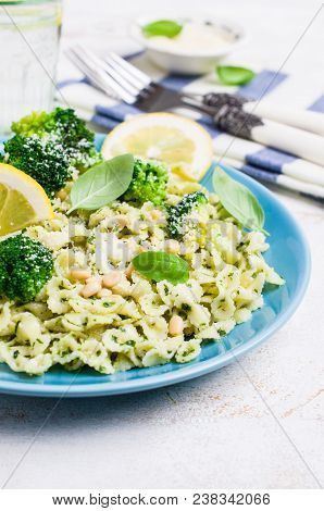 Traditional Pasta Tripoline With Pesto And Broccoli In A Plate On The Table. Selective Focus.