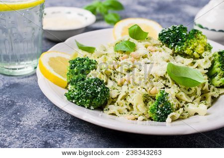 Traditional Pasta Tripoline With Pesto And Broccoli In A Plate On The Table. Selective Focus.