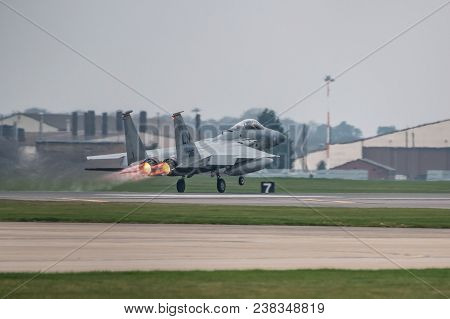 Raf Lakenheath, Uk - April 13, 2018: American Jet F-15 Take Off From Raf Lakenheath Base In A Grey F