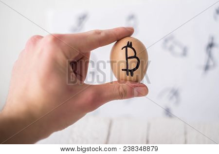 Egg With Logo Bitcoin In Hand. The Concept Of Crypto-currency.