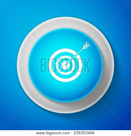 White Target With Arrow Icon Isolated On Blue Background. Dart Board Sign. Archery Board Icon. Dartb