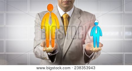 Unrecognizable Negotiator Balancing Out A Small Blue Collar Worker Icon And A Giant White Collar Emp