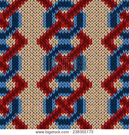 Interlaced Knitting Seamless Vector Pattern With Blue Chains And Red Zigzag Lines On The Beige Backg