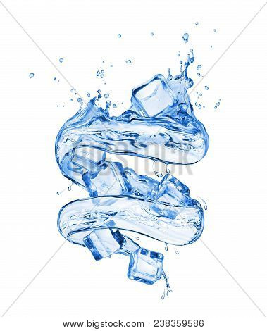 Ice Cubes With Splashes Of Water In A Swirling Shape On White Background