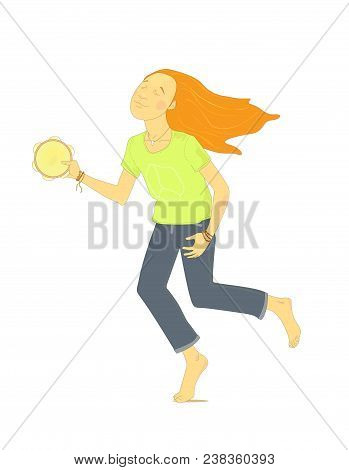 Barefoot Ginger Hippy Boy (young Man)  Enjoys Music  Dancing With Closed Eyes And Playing Tambourine