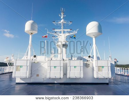 Sattelite Communication Antenna And Navigation System On The Deck Of Ship