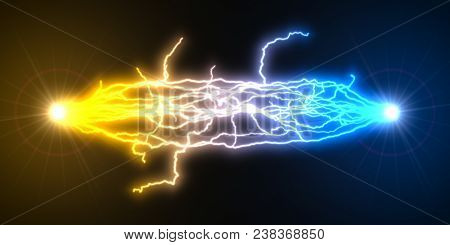 Yellow And Blue Electric Arcs Between Two Source. 3d Illustration