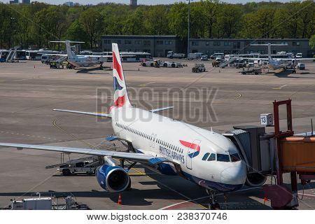 Berlin Germany - April 21. 2018: British Airways Airbus A320 Airplane At The Terminal At Berlin-tege