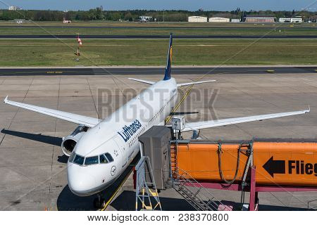 Berlin Germany - April 21. 2018: Lufthansa Airbus A321 Arriving At The Gate Of Berlin Tegel Airport