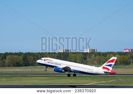 Berlin Germany - April 21. 2018: British Airways Airbus A320 Airplane Take Off At Berlin-tegel Airpo