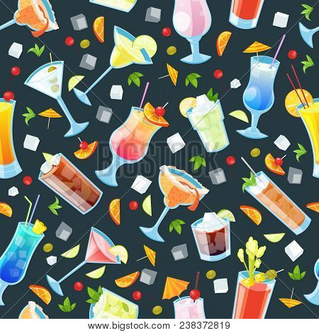 Seamless Vector Pattern With Tropical Alcohol Cocktails. Beverages And Drinks Bar, Restaurant Black 
