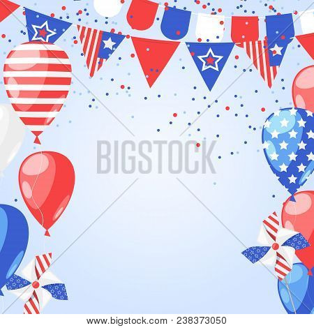 4 Of July Usa Independence Day. Abstract Holiday Vector Background. White Star With Red Ribbon, Fire