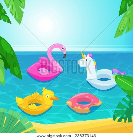 Sea Beach With Colorful Floats In Water, Vector Illustration. Kids Inflatable Toys Flamingo, Duck, D