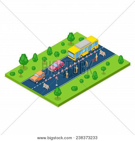 Road Repair, Roadworks And Construction Concept. Vector 3d Isometric Illustration. City Road Closed 