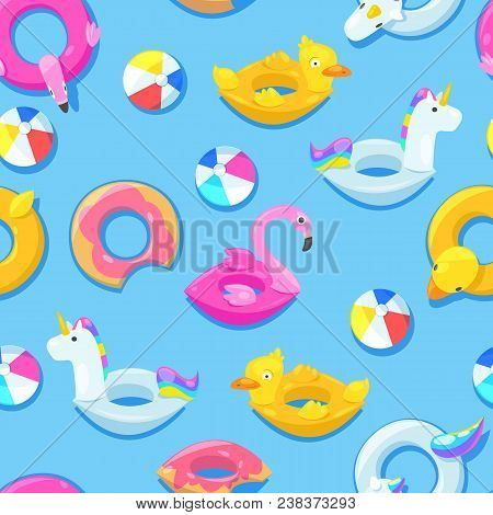 Seamless Pool Pattern. Unicorn, Flamingo, Duck, Ball, Donut Cute Floats In Blue Water. Vector Illust