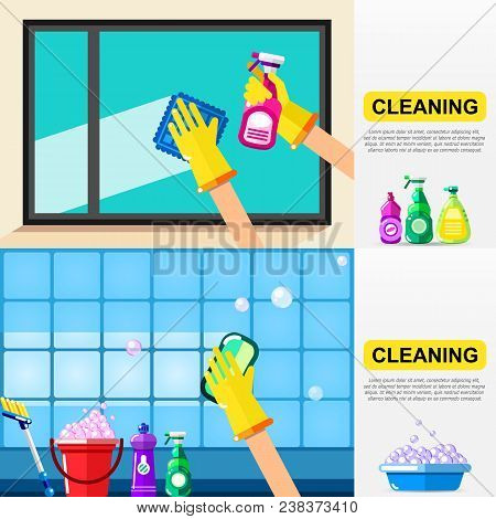 Housework And Cleaning Service Concept. Window And Bathroom Tiles Cleaning. Vector Banner Template.