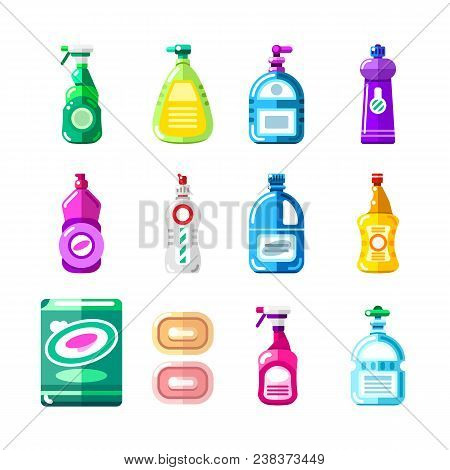 Household Chemicals, Cleansers And Detergent. Vector Illustration Of Multicolor Bottles, Containers,