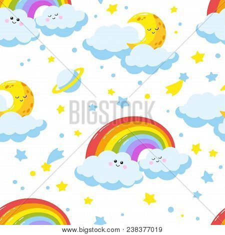 Seamless Pattern With Cute Cartoon Clouds, Crescents And Rainbows. Vector Template.