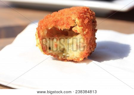 Dutch Bitterbal Warm Stuffed Fried Meatbal, Served In The Netherlands With Mustard
