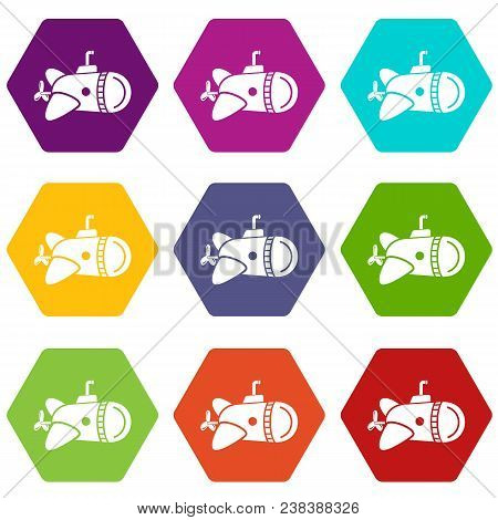 Submarine With Round Nose Icons 9 Set Coloful Isolated On White For Web