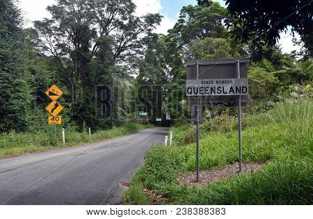 Numinbah Rd, Australia - Dec 27, 2017. State Border Of Queensland. At The Border Between New South W