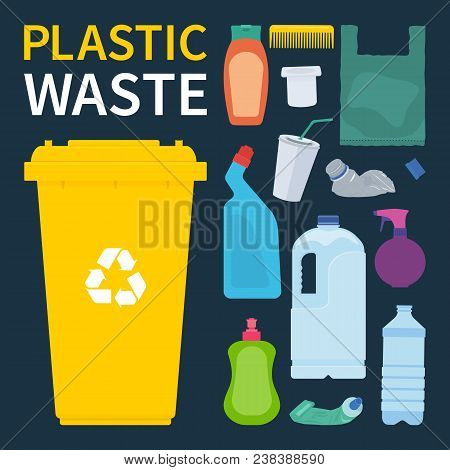 Rubbish Bin For Recycling Plastic Waste. Bottles, Cup, Bag, Tube, Comb And Other Objects. Vector Ill