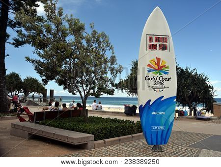 Surfers Paradise, Australia - Dec 27, 2017. A Surfboard Themed Countdown Clock On Surfers Paradise, 