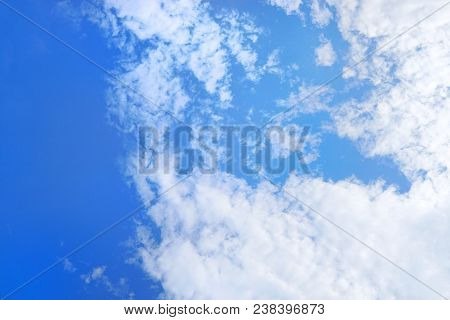 Beautiful Nature Blue Sky With Clouds, Sky Clouds Background, Cloudscape Concept. Space For Text In 