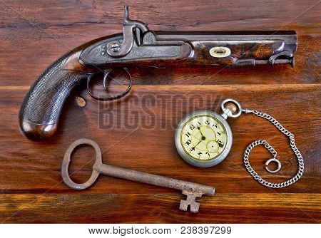 Percussion Pistol Made Around 1840 With Pocket Watch And Skelton Key.