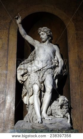 PARIS, FRANCE - JANUARY 04: Saint John the Baptist by Louis-Simon Boizot, statue in the Saint Sulpice Church, Paris, France on January 04, 2018.