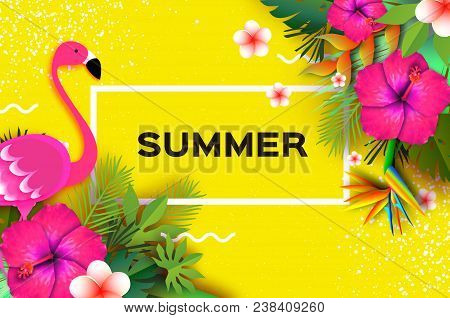 Flamingo And Pink Hibiscus Flower. Tropical Summer. Palm Leaves, Plants, Frangipani - Plumeria In Pa