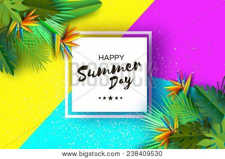 Flower Strelitzia. Bird Of Paradise - Exotic Tropical Plant. Palms. Summer In Paper Cut Style. Text.